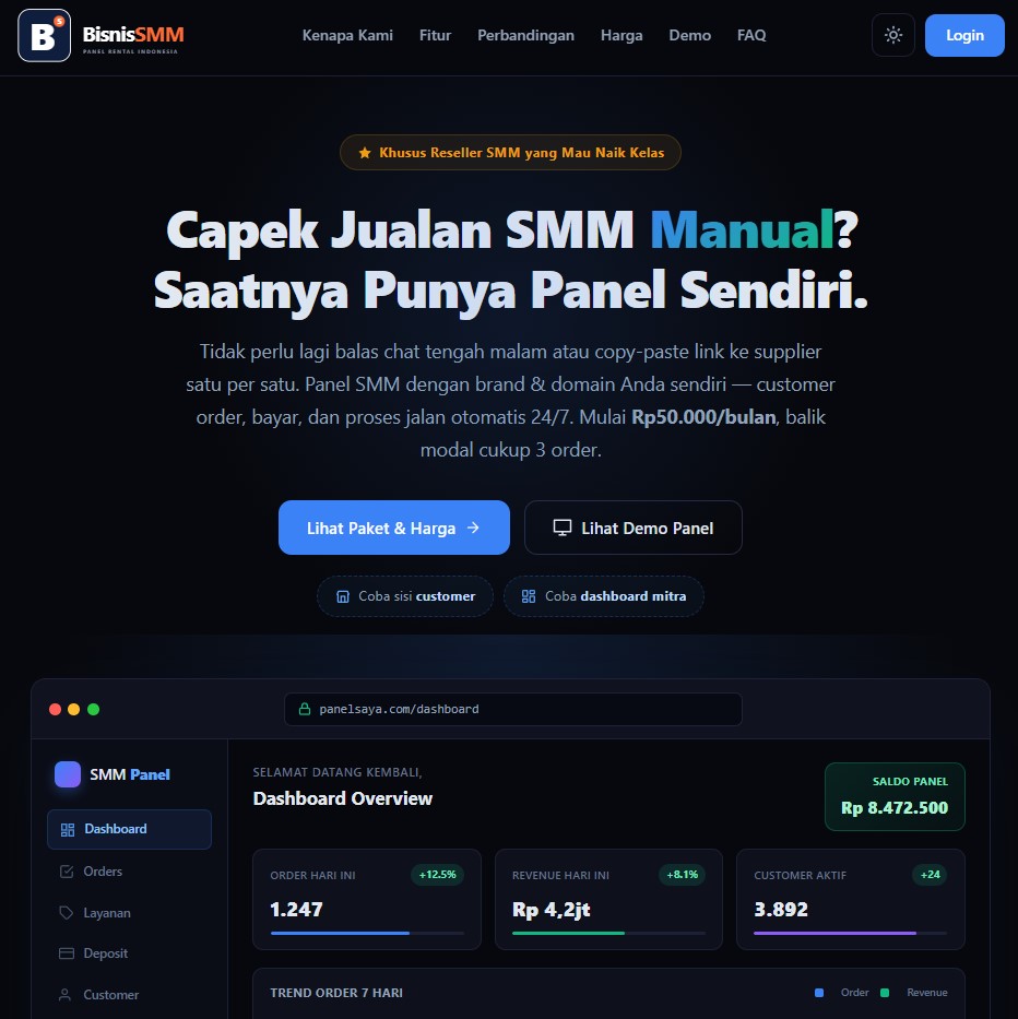 Tampilan beranda website BisnisSMM.com, salah satu rekomendasi platform sewa SMM panel terbaik untuk otomatisasi bisnis layanan digital marketing.