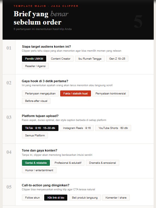 5 Kesalahan Fatal Saat Pakai Jasa Clipper dan Buzzer yang Bikin Budget Terbuang Sia-sia 2 template brief jasa clipper tiktok sebelum order smm panel indonesia